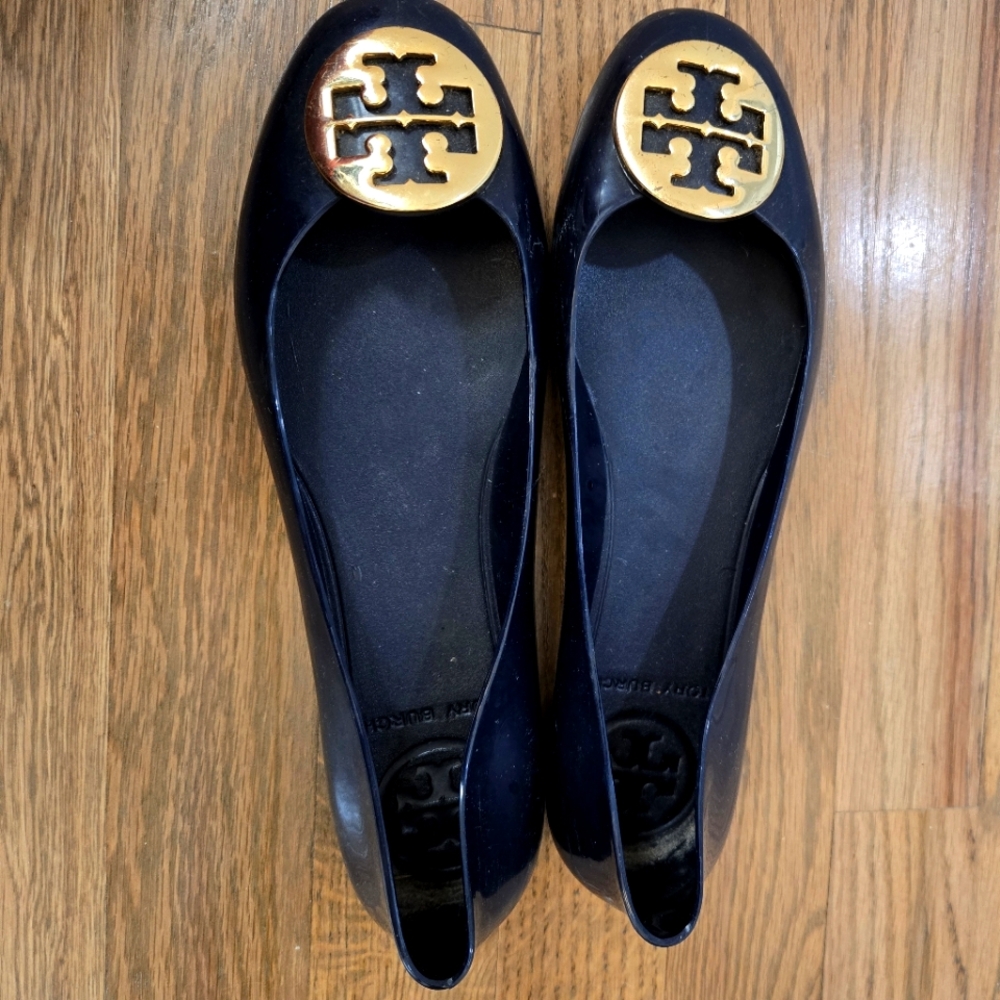 Tory Burch Navy Blue Reva Ballet Flats with Gold Logo